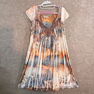 Unity World Wear Dress Womens Large Orange Paisley Crochet Neckline Boho Chic